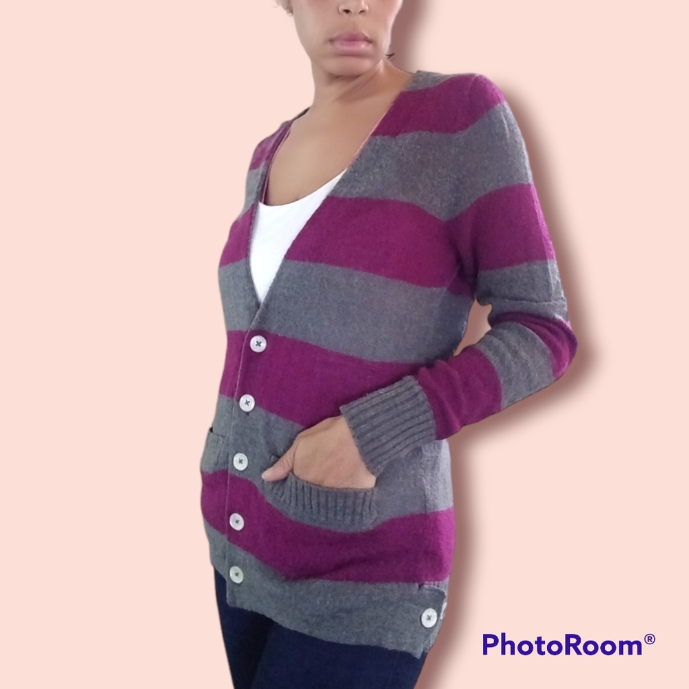 Magenta & Grey Striped Obey Cardigan Size S